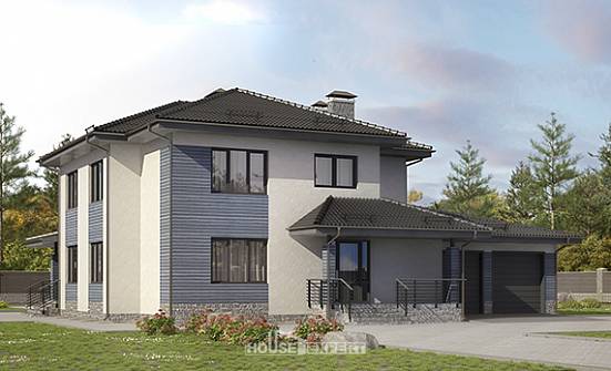 340-005-П Проект двухэтажного дома и гаражом, большой коттедж из блока Ковылкино | Проекты домов от House Expert